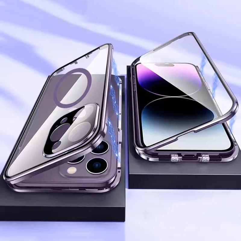 360 Full Protection Metal Magnetic Case For iPhone 12 13 14 15 16 Pro Max Plus Magnetic Case Double Sided Glass Snap Lock Cover
