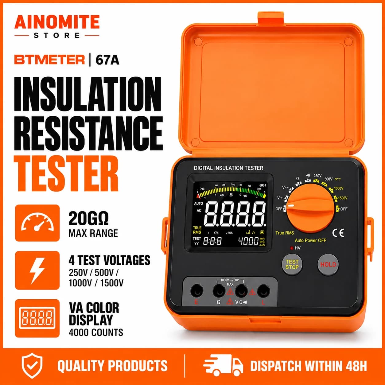 Digital Insulation Resistance Tester Megohmmeter Auto Range 250V-1500V True RMS AC/DC & Resistance, Continuity Buzzer,Over-Range