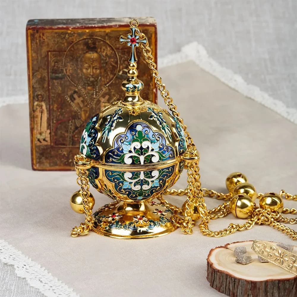HTISOK Orthodox Church Censer Gold Plated Hanging Incense Burner with Cross for Church Religious Ritual Orthodox Censer