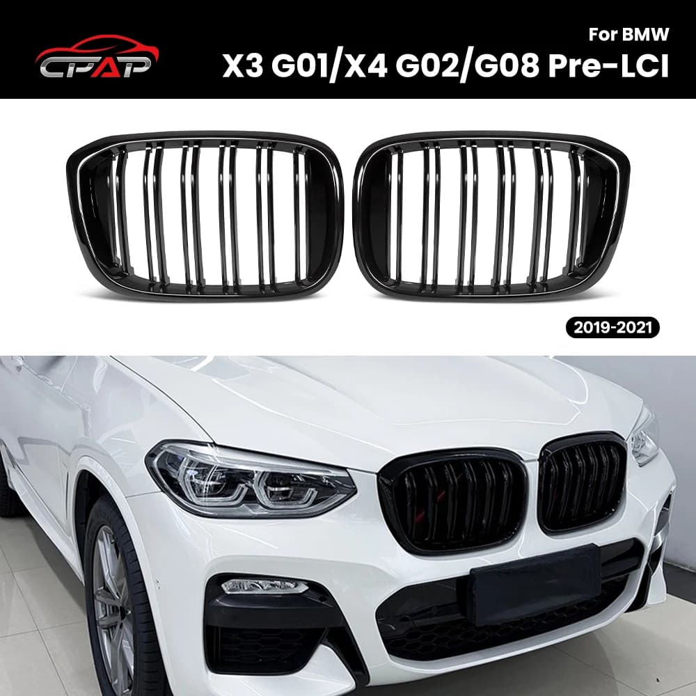 Front Grille Bumper Kidney Grilles Replacement For BMW X3 G01 X4 G02 Pre-LCI 2019-2021 Glossy Black Double Slat Racing Grills