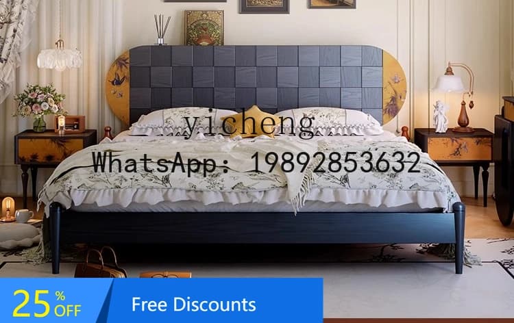 AA  retro black full solid wood bed small apartment master bedroom simple medium