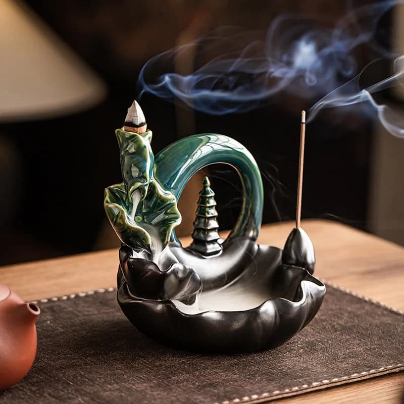 Lotus Leaf & Moon Ceramic Backflow Incense Burner - Creative Aromatherapy Ornament for Home Decor