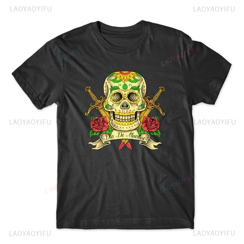 Day of The Dead Skull T-Shirt 100% Cotton Premium Graphic Tee Best-selling Trendy Casual Comfortable Round-neck Printed T-shirt