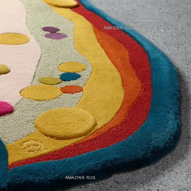9x12 Ivory Wool 3D Garden Flower Area Rug High Pile with Blue Different Color Carpet Flat Rug