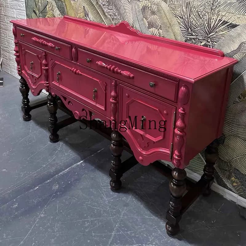 CL Solid Wood Vintage Entryway Cabinet Entrance Hall Cabinet Classical Carved Decorative Sideboard