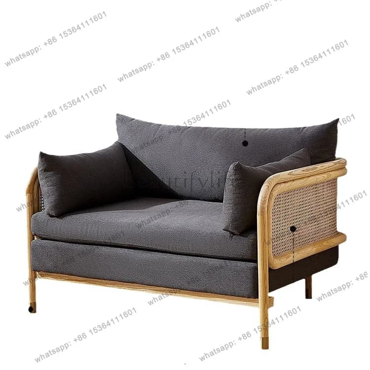 Japanese-style solid wood rattan double sofa small apartment sofa Nordic trio