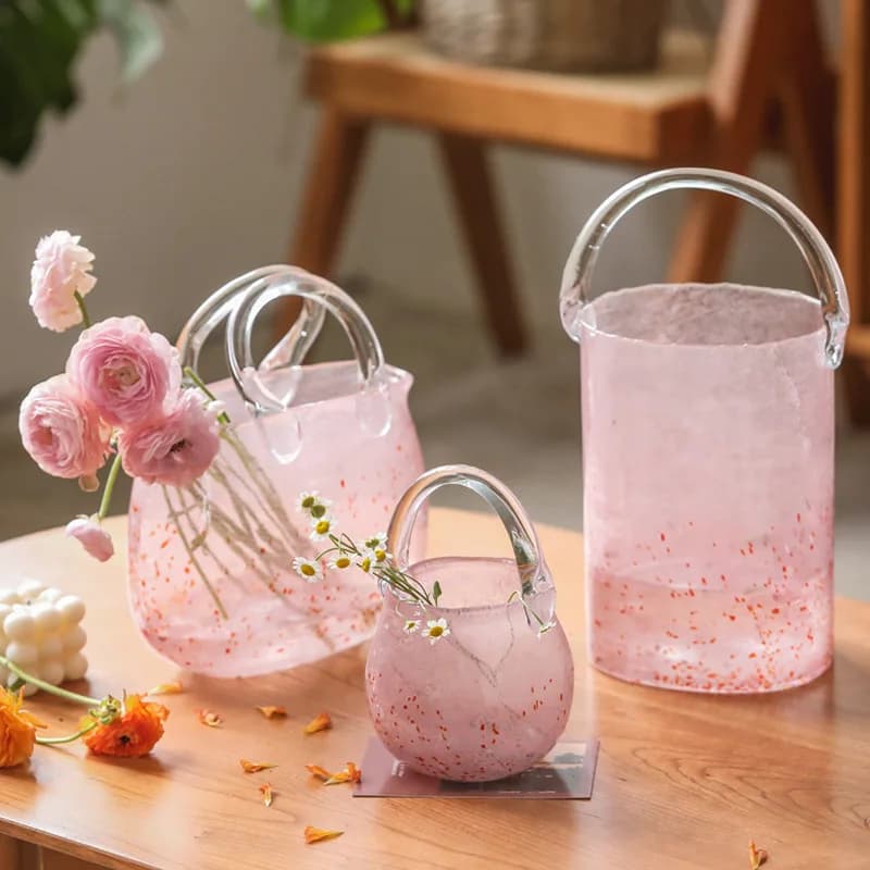 DSA simple creative hand basket pink bag glass vase transparent flower arrangement living room ornament vase