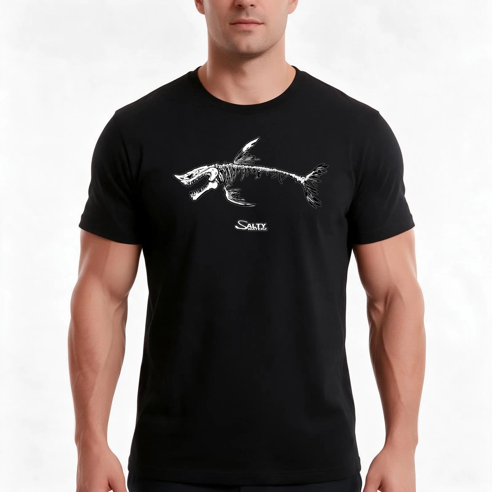 Salty Waterz Shark T-Shirt, Summer Casual Cotton Tee, Oversized Streetwear Tops, Vintage Graphic Print, Loose Fit Short Sleeve