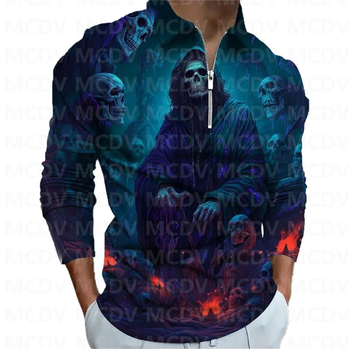 Men's Long Sleeve Zipper Polo Shirt Halloween 3D Printed Polo Long Sleeve T Shirt Casual Tops Halloween Gift