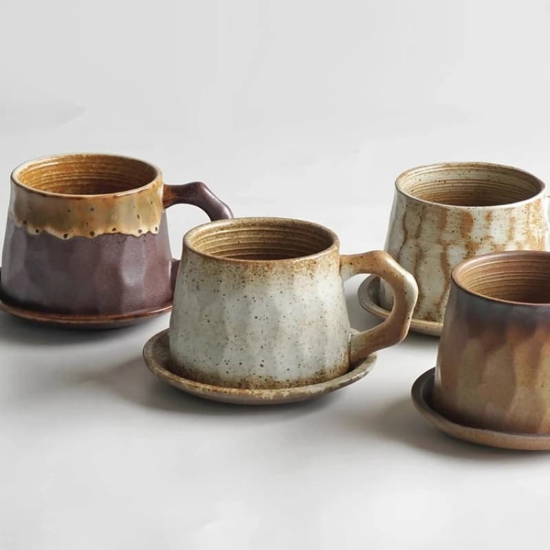 Japanese coffee cups and saucers, retro medieval stoneware ceramics, handmade high-value cups, mugs, water cups