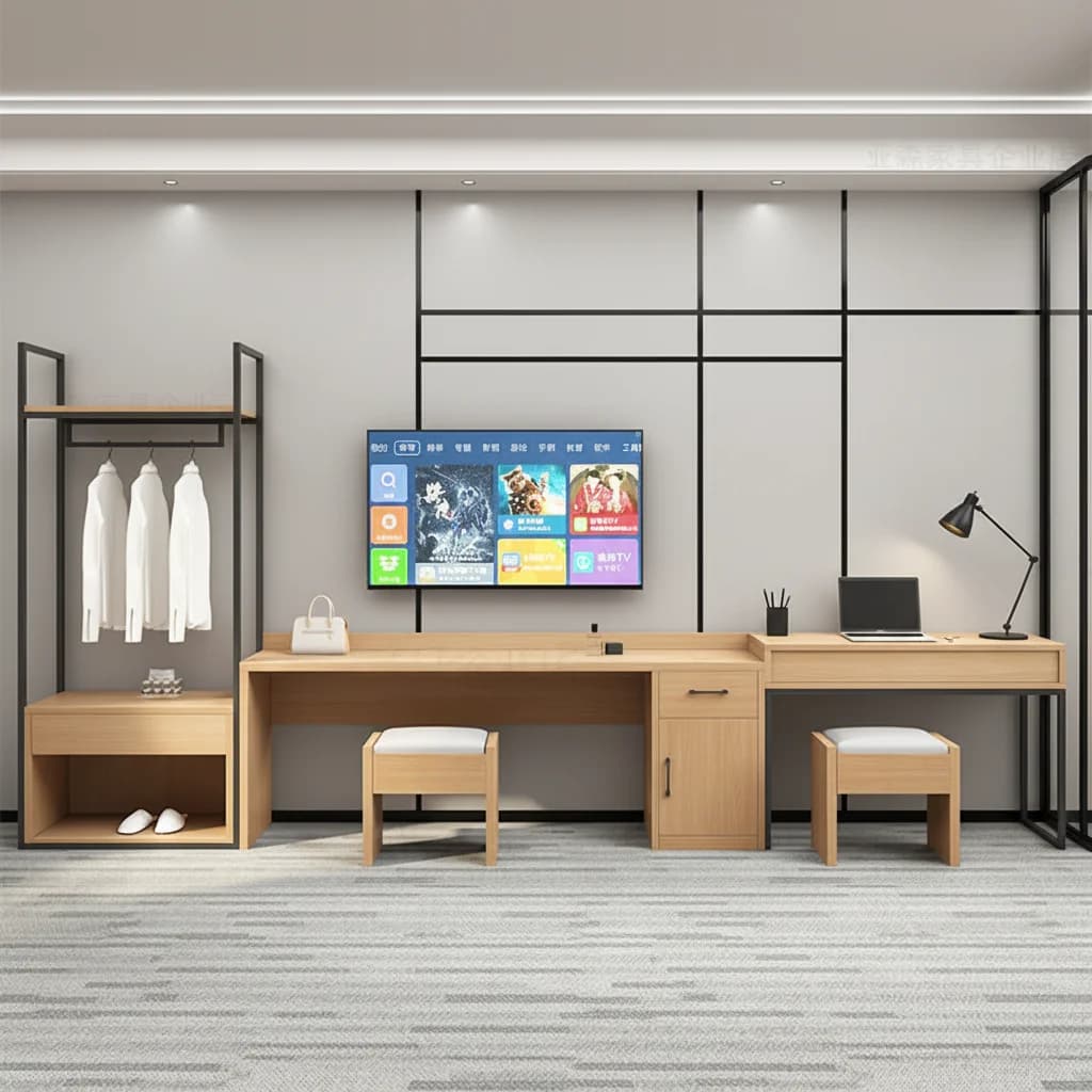 #Hotel Room Furniture TV Cabinet, Desk And Chair Set Luggage Rack Complete Standard Room Furnishings For Apartments
