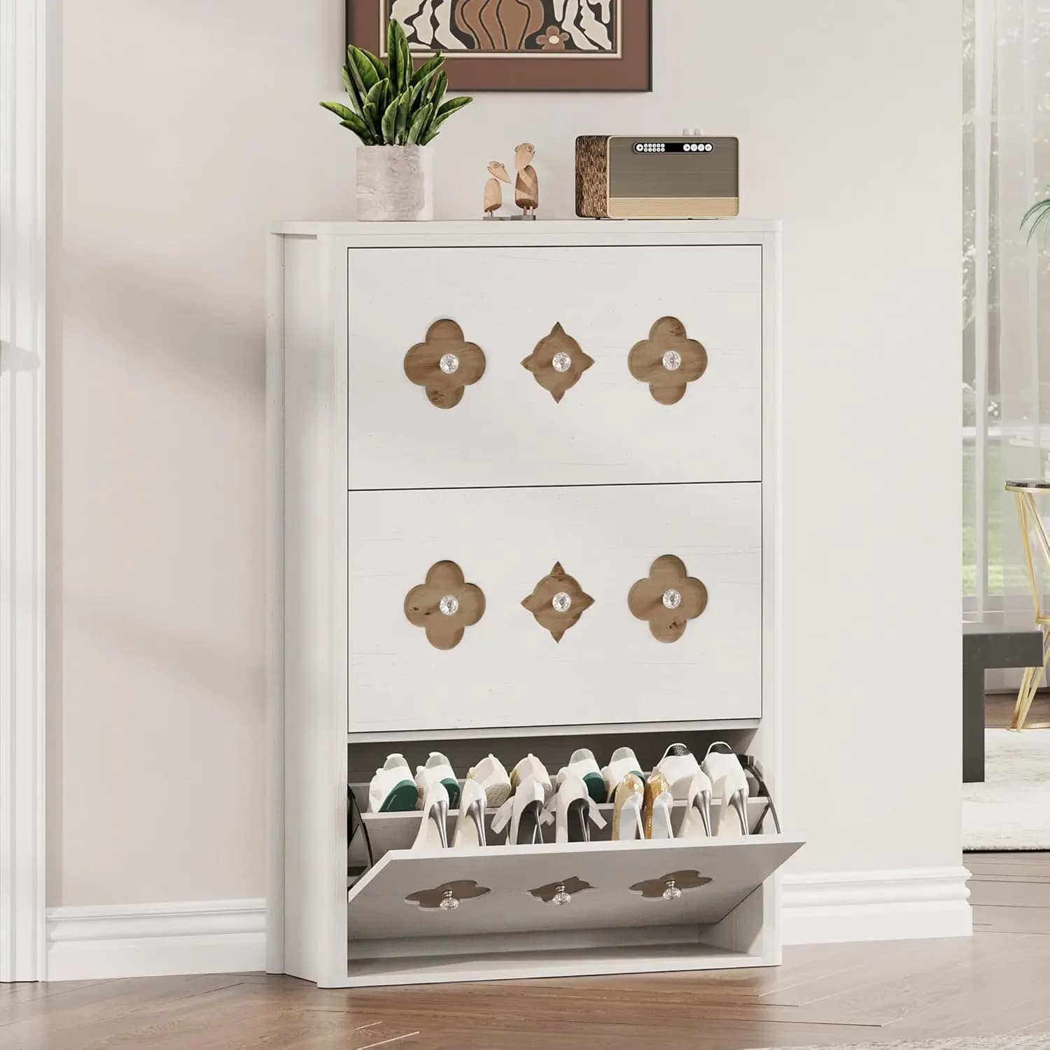 Shoe Cabinet with 3 Flip Drawers, Freestanding Slim Shoe Organizer Cabinet with Hollow-Out Flower Pattern & Diamond, Customized