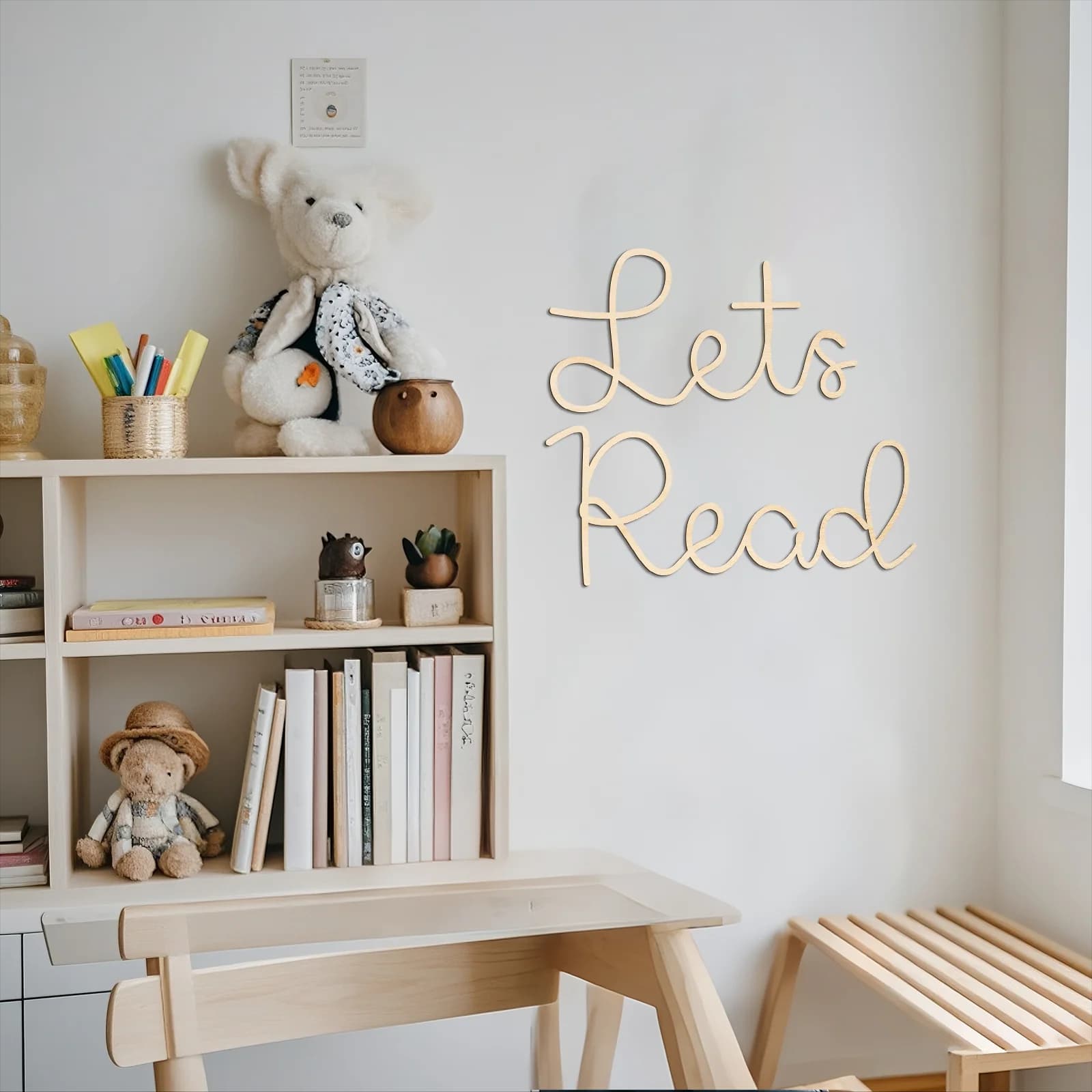Let's Read Wooden Wall Sign - Nursery Decor, Kids Room Reading Nook Art, Storybook Theme Natural Wood Decoration (9.9x25.9cm)