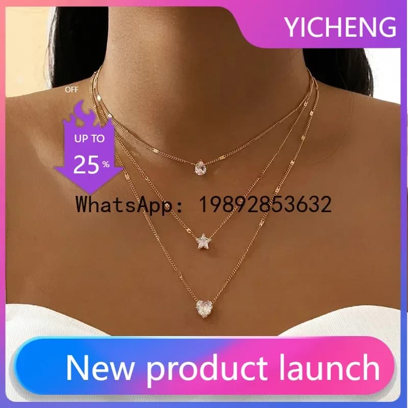 LYY Multilayer Pendant Necklace on Neck Chain Women Crystal Zircon Heart Star Charm Layered  Vintage Female Neck Jewelry