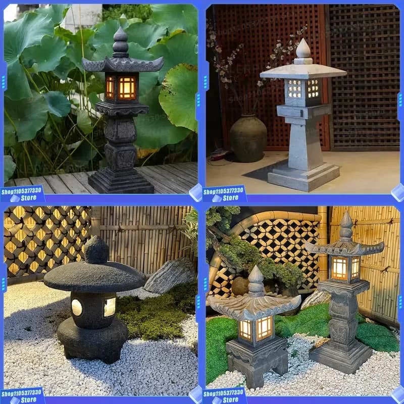 Resin Japanese Garden Stone Lantern Outdoor Landscape Decoration Antique Chinese Style Simulation Rock Carving for Yard Patio
