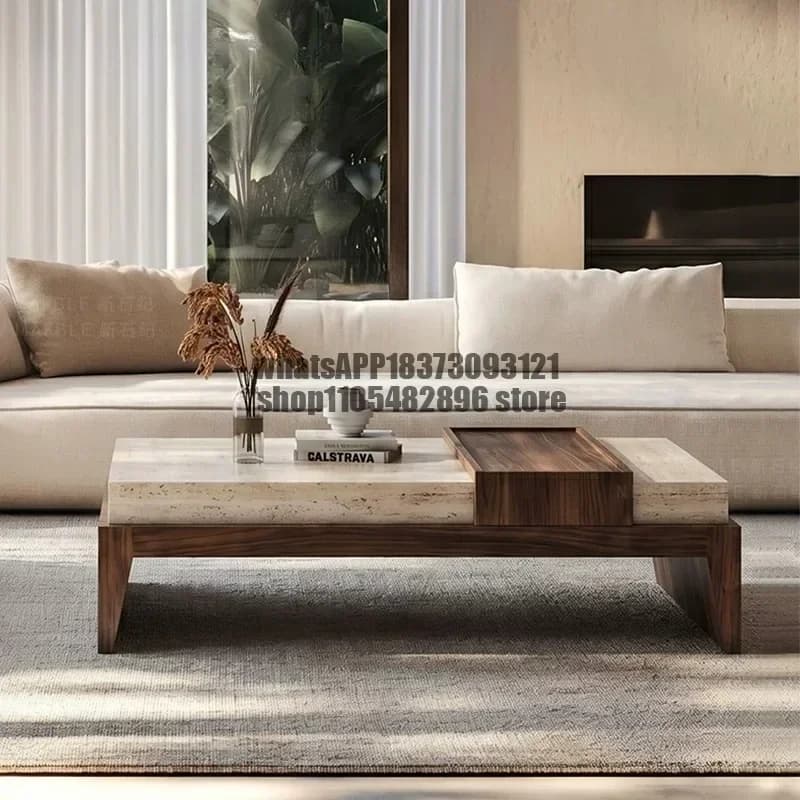 Modern minimalist natural marble coffee table walnut storage rectangular minimalist travertine