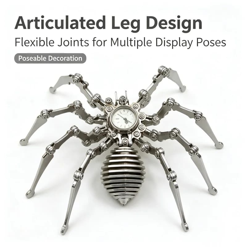 Steampunk Mechanical Spider Ornament with Clock, Stainless Steel Handmade Figurine, Movable Legs Desktop Decor, Collectible Gift