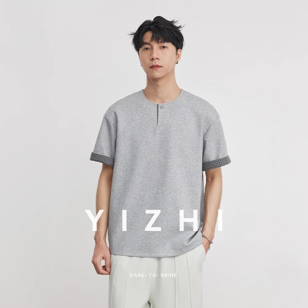 Men's Heavyweight 260g Plaid Splice Small V-Neck T-Shirt 2026 Summer Henley Neck Loose Casual Streetwear Commute Short Sleeve