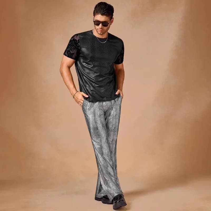 Trendy Casual T-shirt, Personalized Men's Wear Summer New Cross-border Men's Street Fashion Crocodile Pattern Patchwork Top 2026