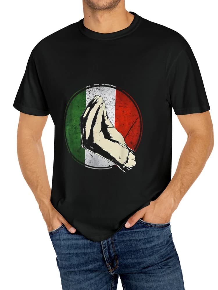 The prayer hand pattern inspired by the Italian flag-casual black cotton short-sleeved round neck T-shirt.