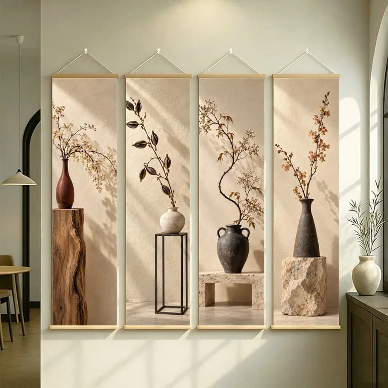 Wall Art Dried Snapdragon and Dried Spirea, Natural Wabi-Sabi Botanical Silver Shimmer Canvas Hanging Scroll for Tea Room
