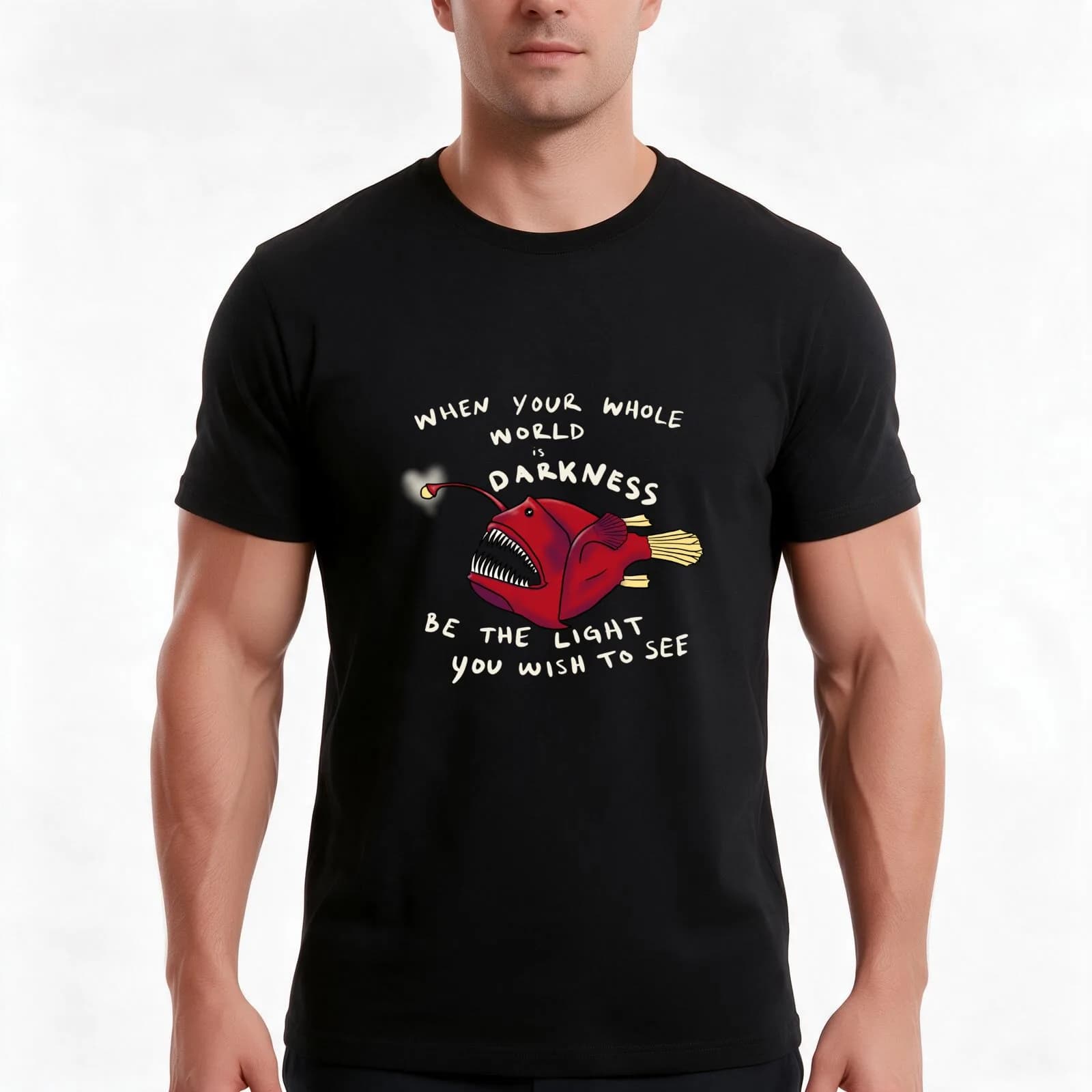Inspirational Anglerfish Be the Light You Wish To See In The Dark T-Shirt, Summer Casual Cotton Tee, Oversized Streetwear Tops