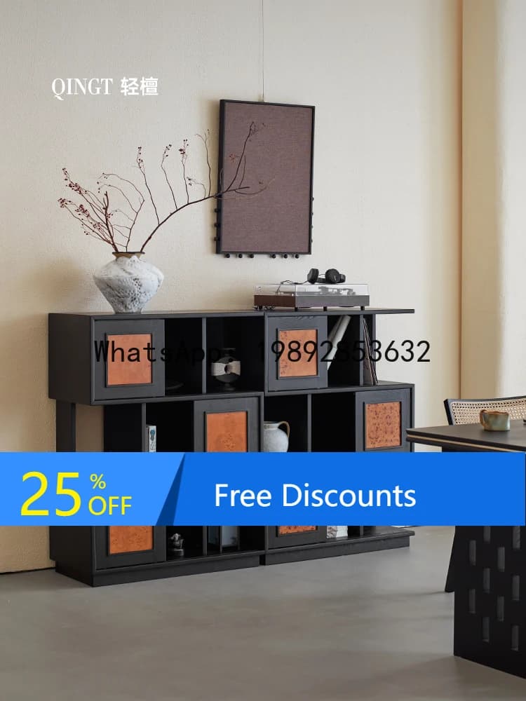 YFY Light Sandalwood  Style Bookshelf Storage  Integrated Solid Wood Floor Low Bookshelf Living Room Home Wall-Mounted Black