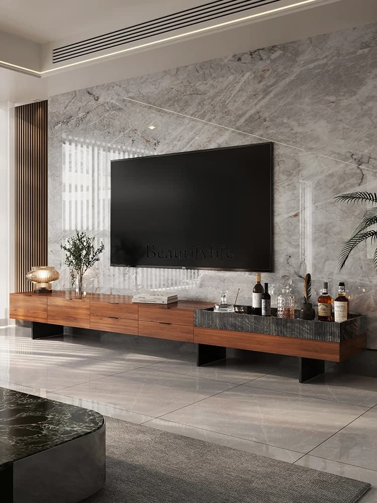 02 Walnut TV Cabinet Living Room Modern Simple New Solid Wood Premium with Drawer Locker