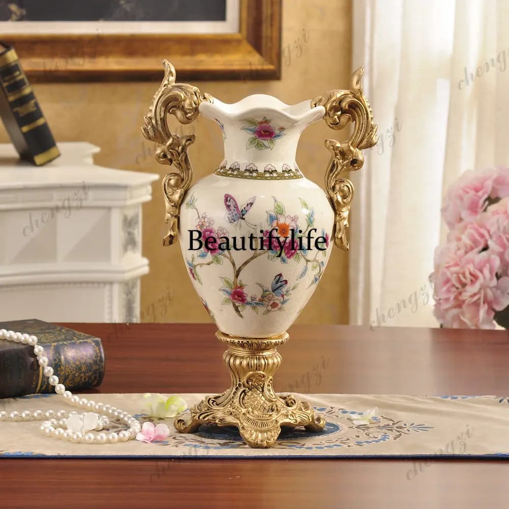 American rural floor binaural trophy ceramic vase creative home living room decoration European ceramic wave mouth vase