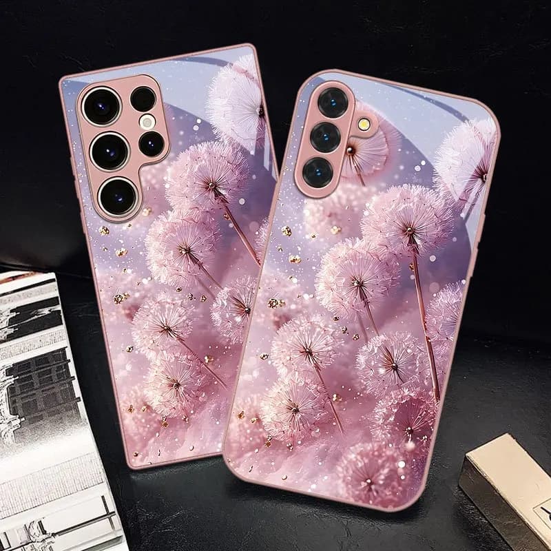 Dreamy Pink Dandelion Phone case s26 ultra Glass phone case for Samsung Galaxy s26/s25/s24/s23/s22 Ultra FE Plus A17 A16 A07 A26