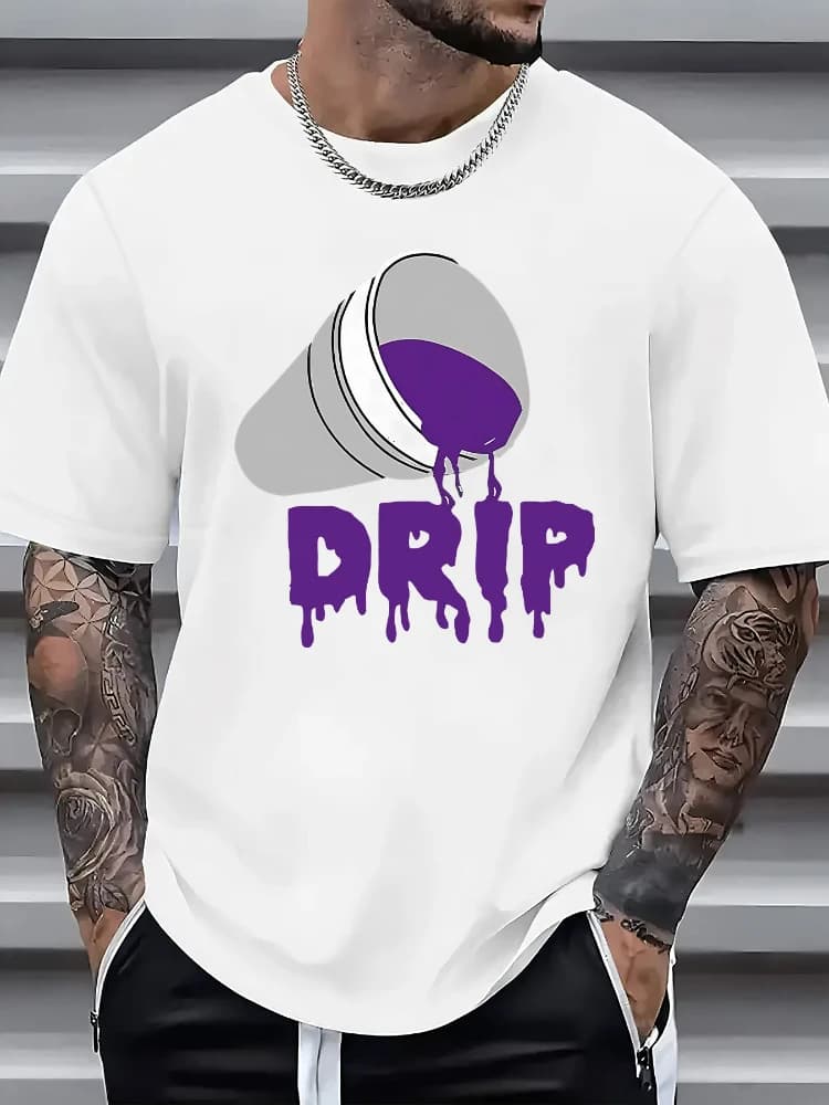 with Purple Liquid Drip Print & DRIP Text pattern design-100% cotton summer O-neck short sleeve casual printed men's T-shirt.