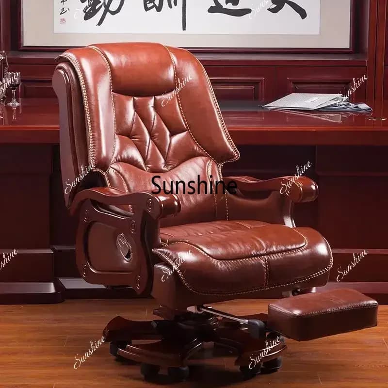Reclining High End Solid Wood Cowhide Leather  Gas Lift boss Office Chair with Massage and Footrest T*