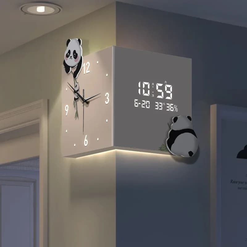 Double-sided Wall Clock Living Room Panda Corner Clock Perpetual Calendar Electronic Screen Corner Clocks Digital Display Clock