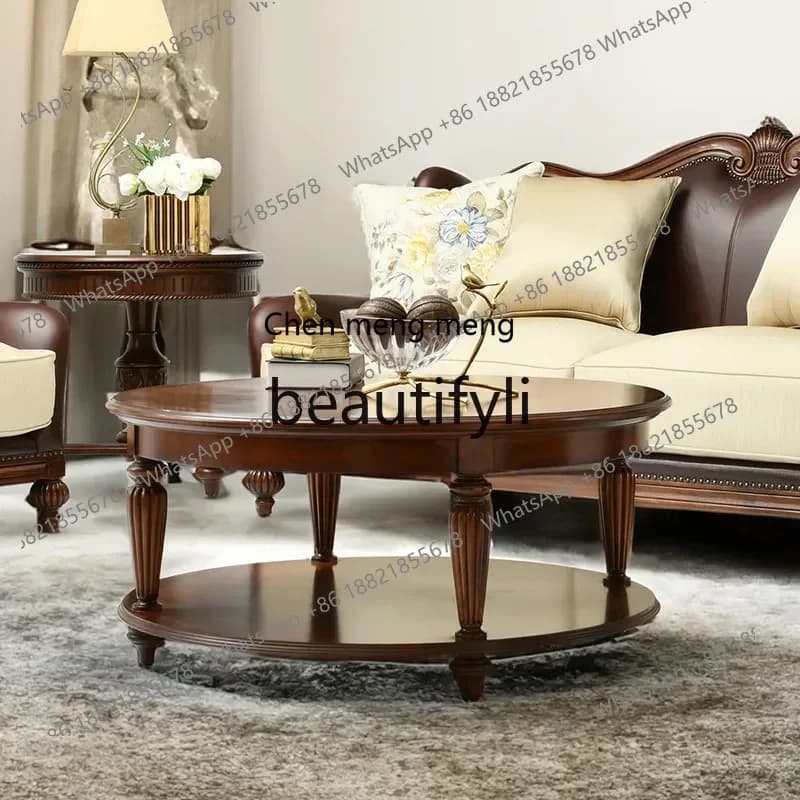 B178 American French solid wood retro old round coffee table advanced sense parquet storage coffee table