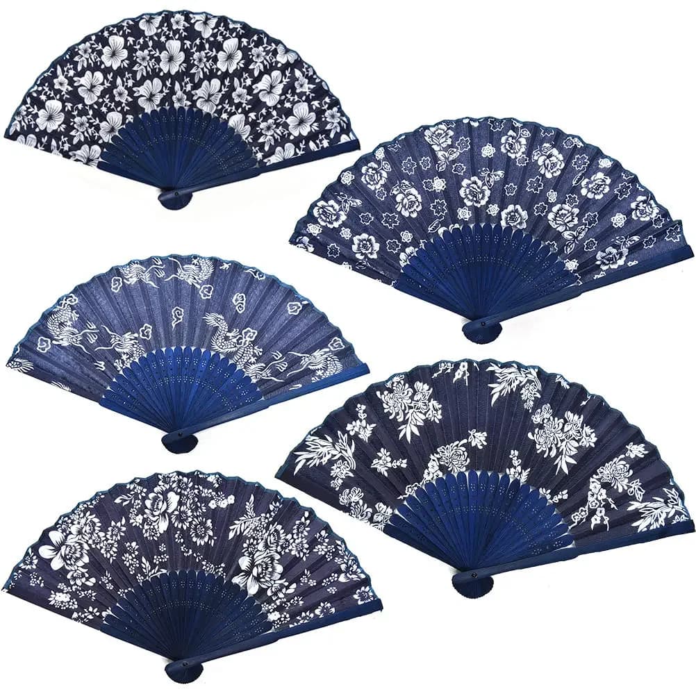 Chinese Style Blue Fabric Hand Folding Fan Cool Summer Classical Flower Design Wedding Party Favor Decor Batik Blue Flower Fan