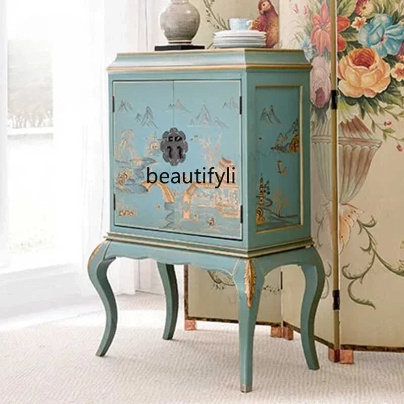 xzNew Chinese-style solid wood painted porch cabinet, living room decoration, storage, dining side, model room furniture