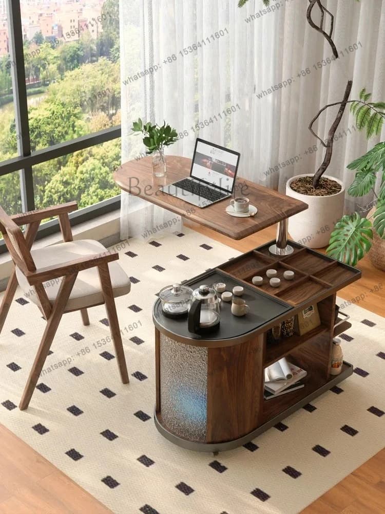 Movable balcony tea table household lifting table sofa side light luxury solid wood rock slab tea table