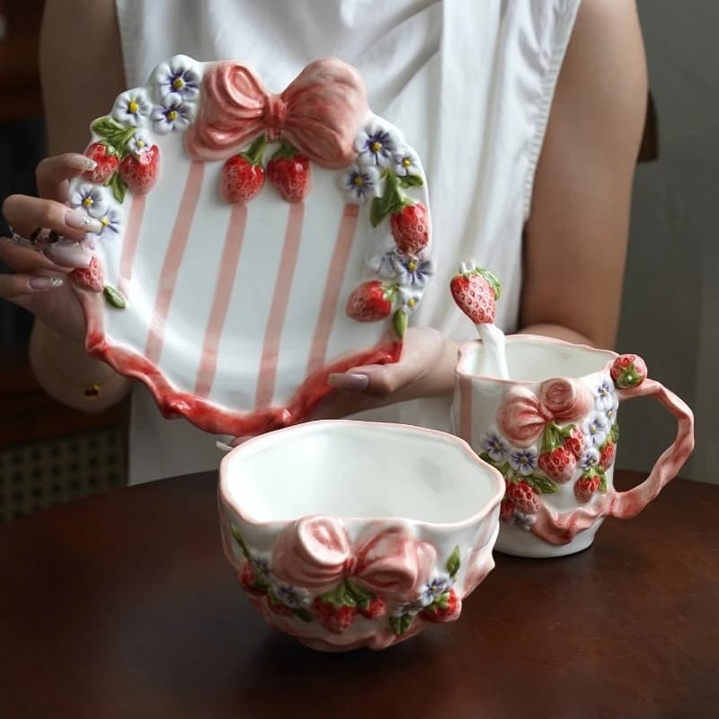 Vintage Berry Floral Bow Coffee Mug Set Creative Ceramic Tea Cup Afternoon Tea Serving Set Home Cafe Drinkware Collection