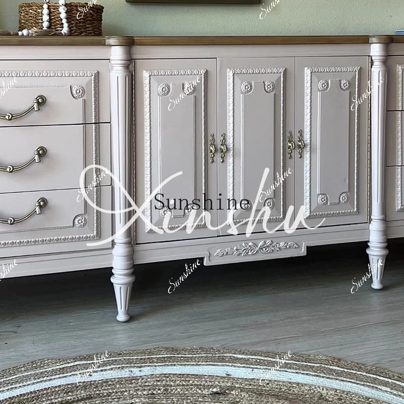 French country solid wood TV villa living room contrasting color storage retro carved storage side cabinet  FT