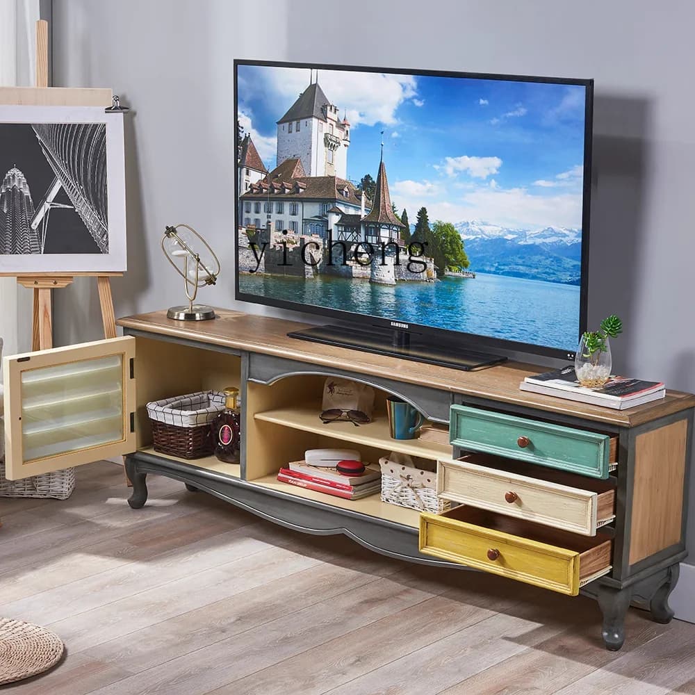 v8 American modern simple TV cabinet living room Nordic Mediterranean bedroom solid wood coffee table TV cabinet combination
