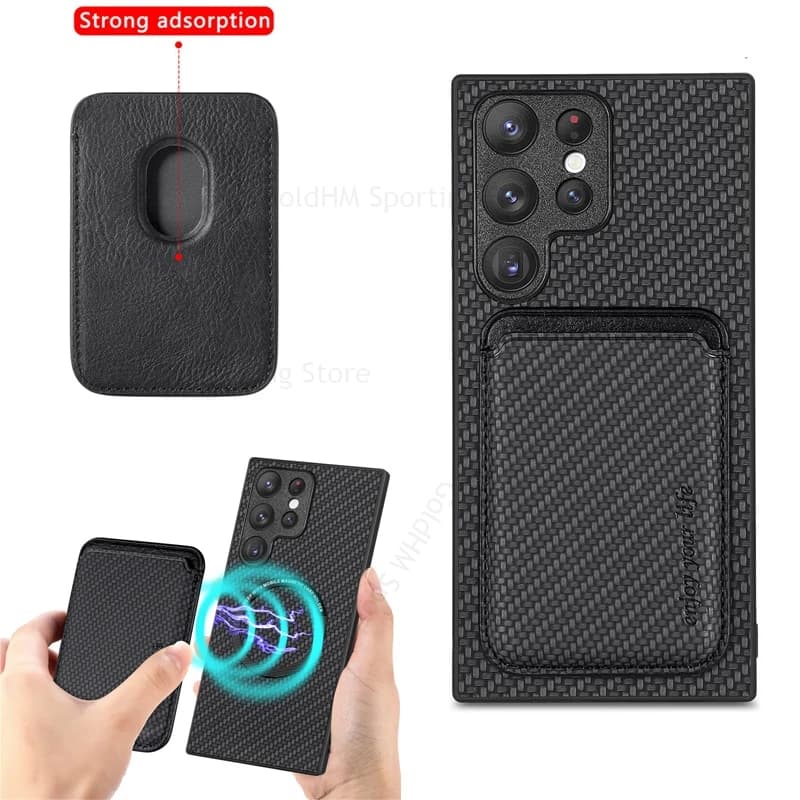 Carbon Fiber Leather Split Card Slot Case For Samsung S25 Edge S24 Ultra For Magsafe Magnetic Cover For Galaxy S25 Plus S24 S23