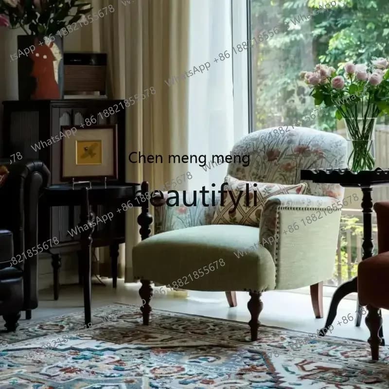B178 American simple retro leisure chair, living room armchair cotton and linen, French jacquard small apartment solid wood sofa