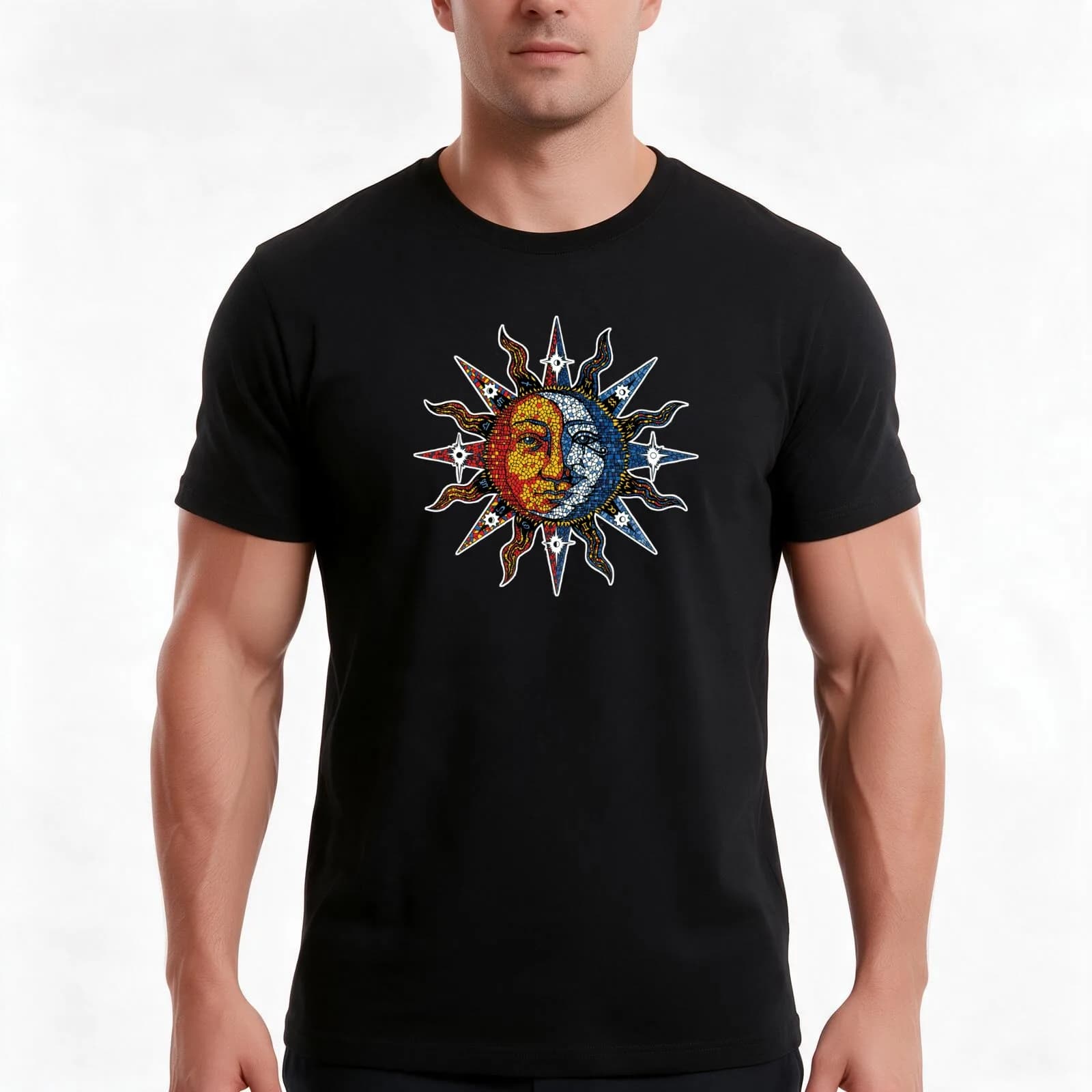 Celestial Mosaic Sun/Moon T-Shirt, Summer Casual Cotton Tee, Oversized Streetwear Tops, Vintage Graphic Print, Unisex Men Women