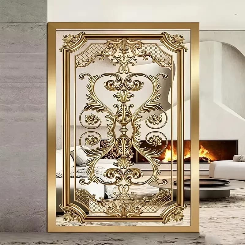 Gold Plated Hollow Floral Carved Metal Room Divider Custom Pattern Partition Screen for Villa Entrance Decoration