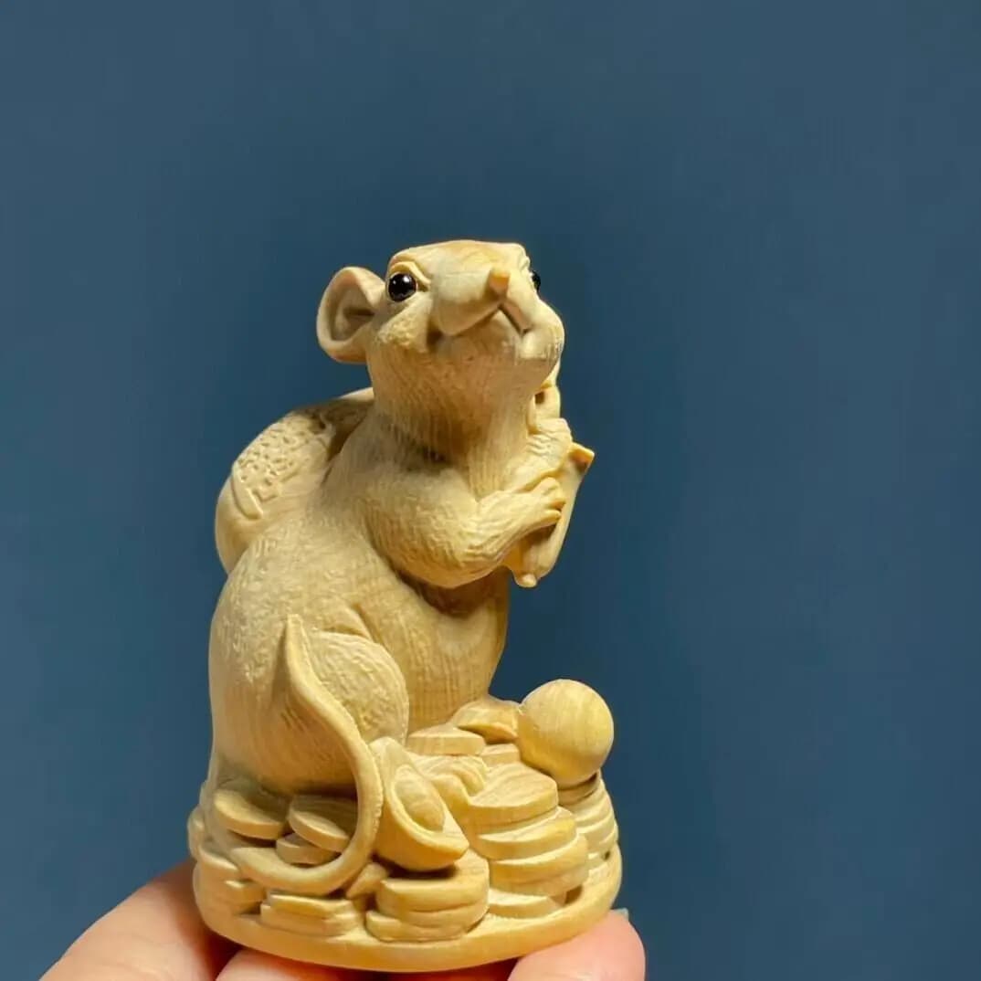 Chinese Boxwood Wood Hand Carved Mouse Statue Simulation Animal Statue Desktop Decor