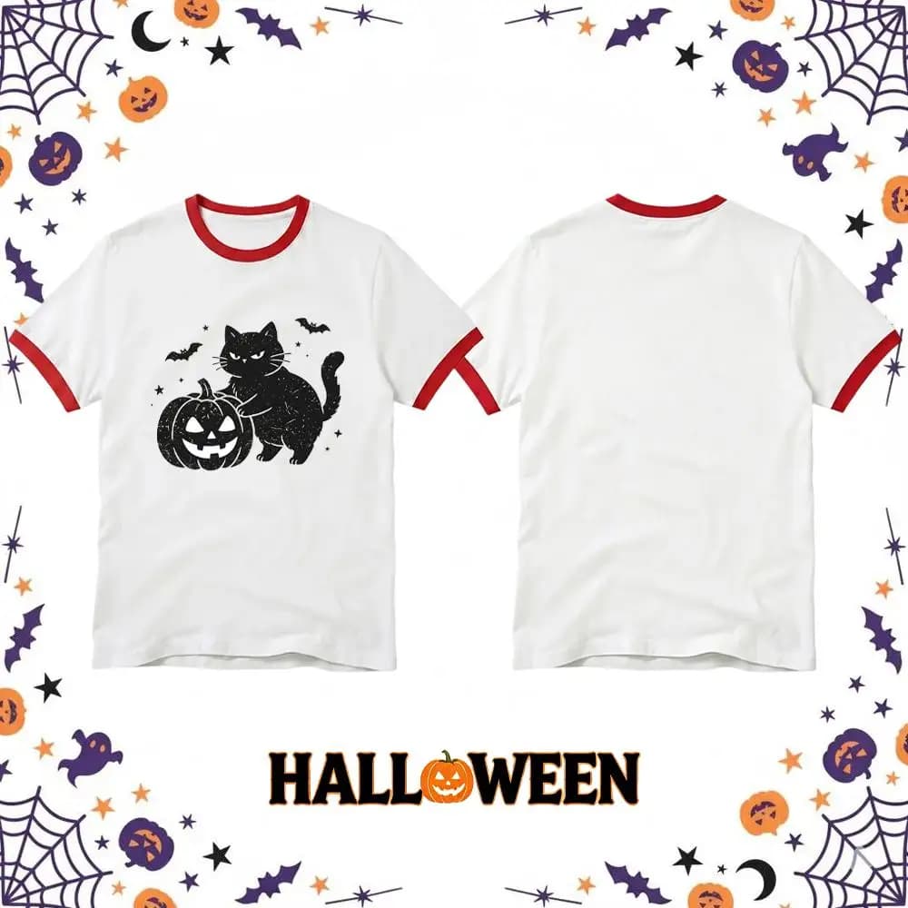 Halloween Pumpkin Cat Print T-shirt Daily Party Casual Breathable Short Sleeve Tees Festival Street Fashion Simple O-neck Tops