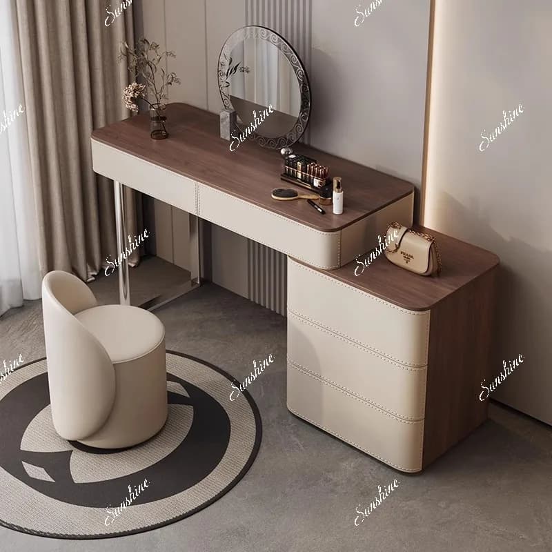 Medieval style bedroom modern simple black walnut texture French makeup table desk integrated