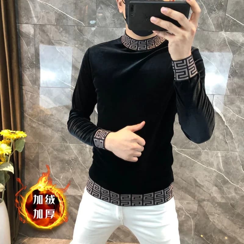 Men's Printing Patchwork Fleece Slim T Shirt Tops Long Sleeve Solid Color All-match Bottoming Shirt Fashion Trend Men Clothing