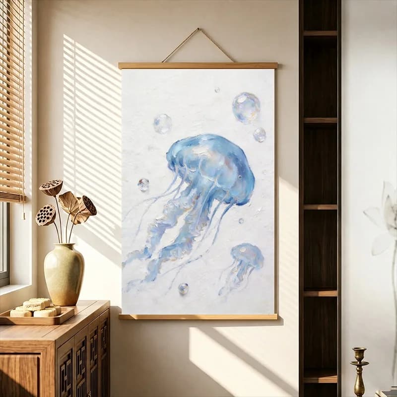 Wall Art Blue Jellyfish Floating in Clear Water, Dreamy Coastal Pearlescent Canvas Wall Hanging Scroll for Spa Lounge Wall Decor