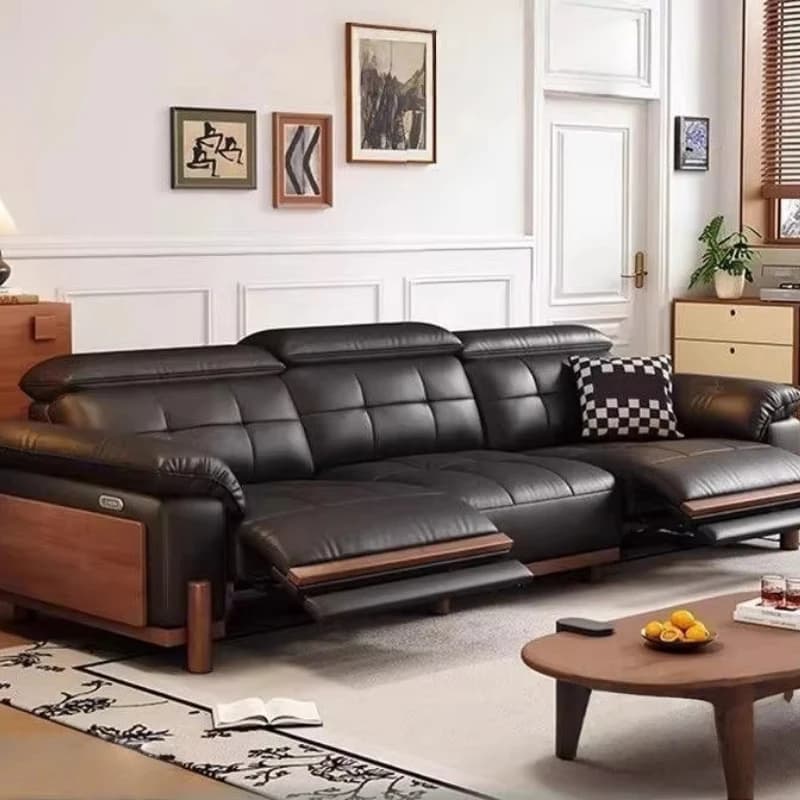 New multi-functional electric leather three-seat sofa wooden legs high elastic foam sponge small for living room